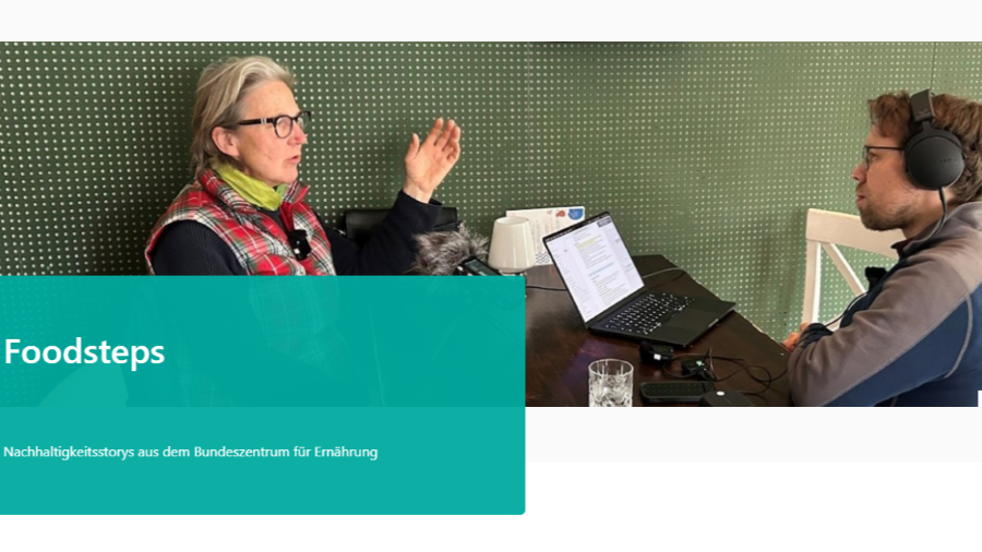 Zeit Personen im Podcast-Gespräch, davor Störer mit Text: Foodsteps - Nachhaltigkeitsstorys aus dem Bundeszentrum für Ernährung