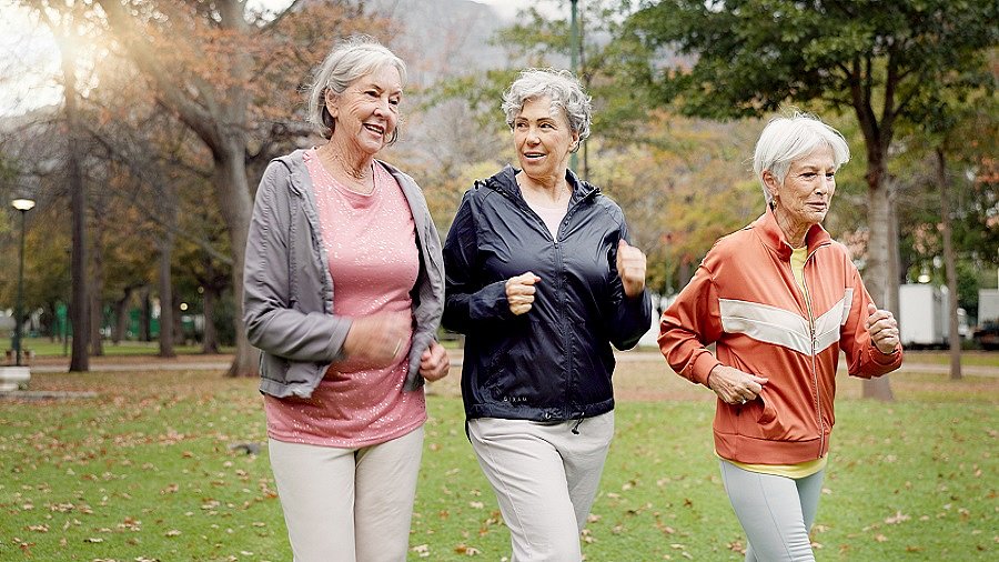 Drei Seniorinnen spazieren zusammen in einem Park.
