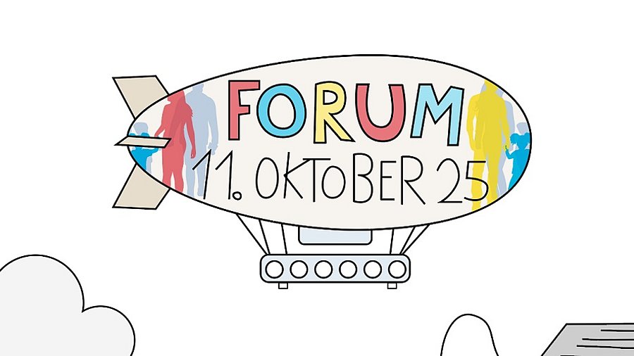 Ein gezeichneter Zeppelin mit dem Datum des Forums im Ballon.