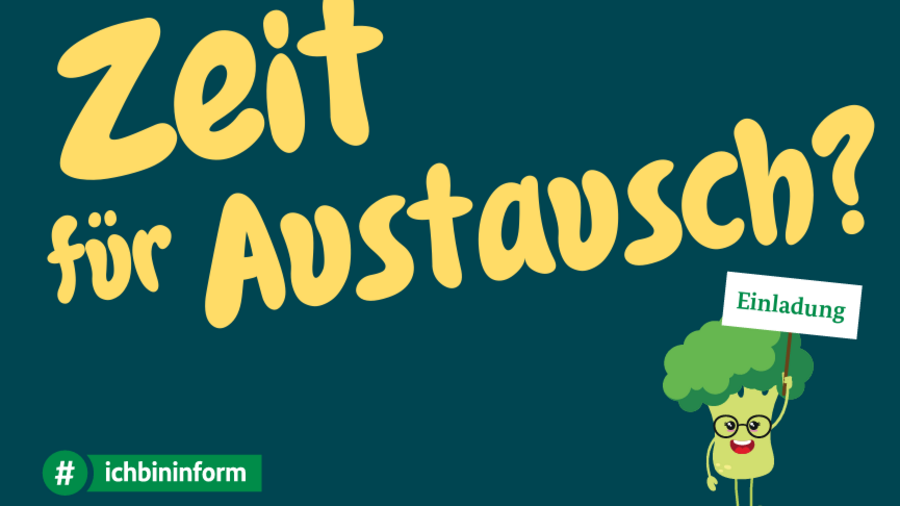 Slogan "Zeit für Austausch?" in gelb auf blauem Hintergrund. Rechts in der Ecke hält das Maskottchen Berry der Brokkoli ein Schild auf dem "Einladung" steht.
